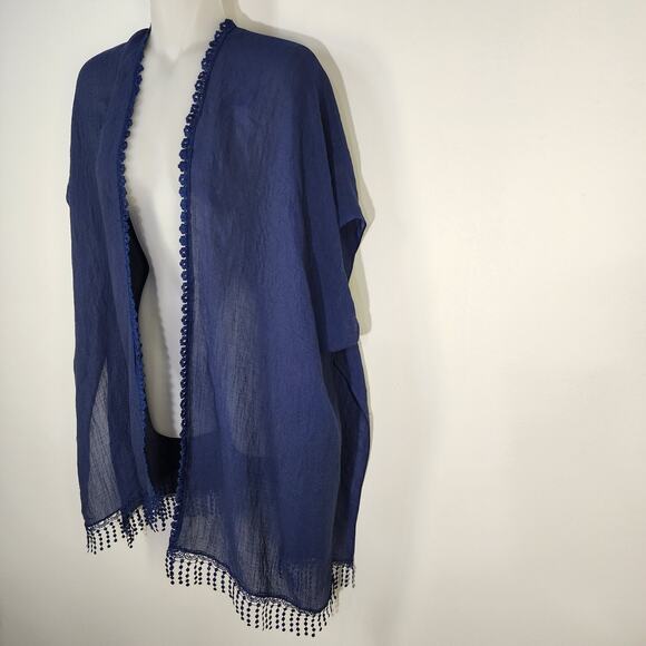 Steve Madden Cover Up Sheer Lace Inset Blue Kimono One Size Fringe Beach Swim - Picture 5 of 12